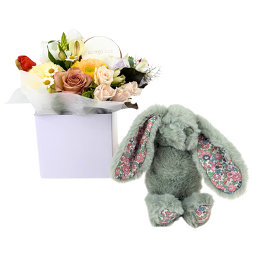 Posy with a bunny and congrats cookie is the perfect gift | Baby Shower Gifts | Personalised gifts | Celebration Box NZ